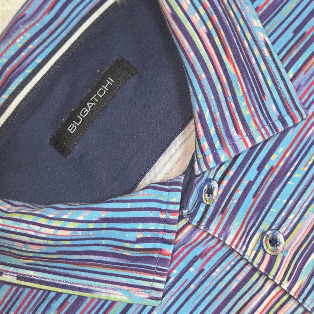 Bugatchi Polo Shirt Mens Large Blue Multicolor Striped Golf Casual Stretch - Picture 1 of 10